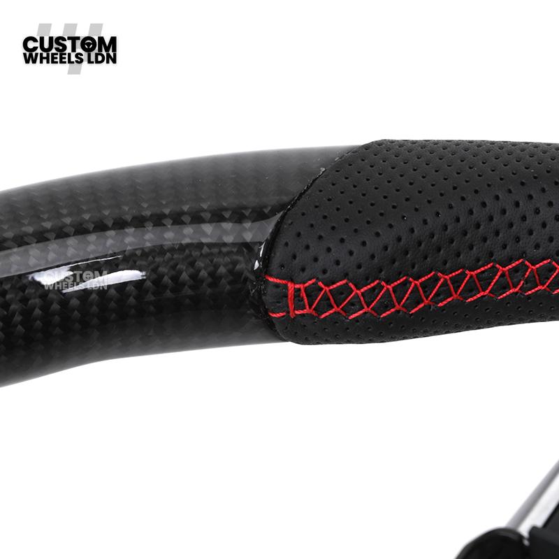 Toyota Custom GR Steering Wheel – Carbon Fiber, Flat Bottom, Red Center Stripe, Perforated Grips | Fits Yaris GR, Corolla GR + More | Plug & Play | Sporty Upgrade with Paddle Cutouts | Track-Inspired Retrofit