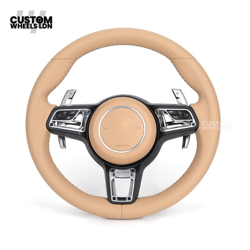 Porsche Custom Steering Wheel – Beige Leather with Chrome Trim | Fits 997, 991, Panamera, Cayenne (2000+ Plug & Play)