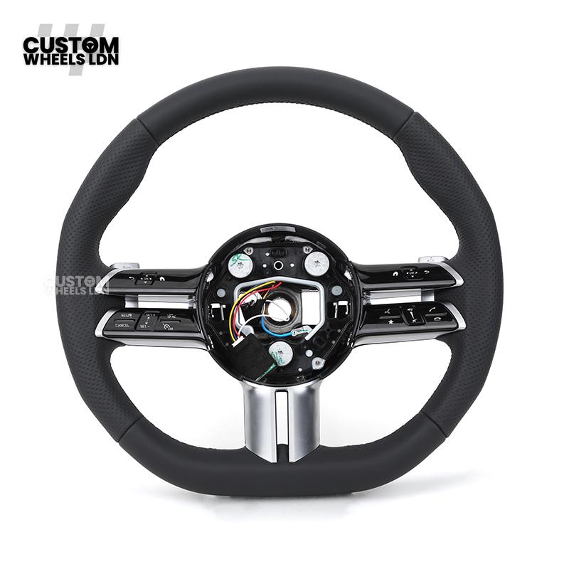 Mercedes Custom W223 Flat Bottom Steering Wheel – Black Leather, Tan Stitching, Silver Trim, Touch Control Buttons | Fits S-Class W223, GLE, GLS, E-Class W213 Facelift + more | Plug & Play | With Airbag | Retrofit Upgrade for Older Models Available