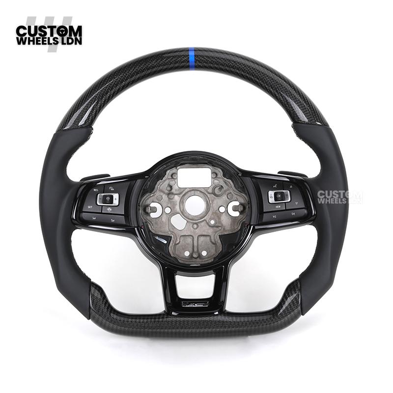 Volkswagen MK7 Custom Steering Wheel – Blue Center Stripe | Carbon Fibre & Leather | Plug & Play | Complete Steering Wheel | Fits Golf MK7 / MK6 GTI, R + more