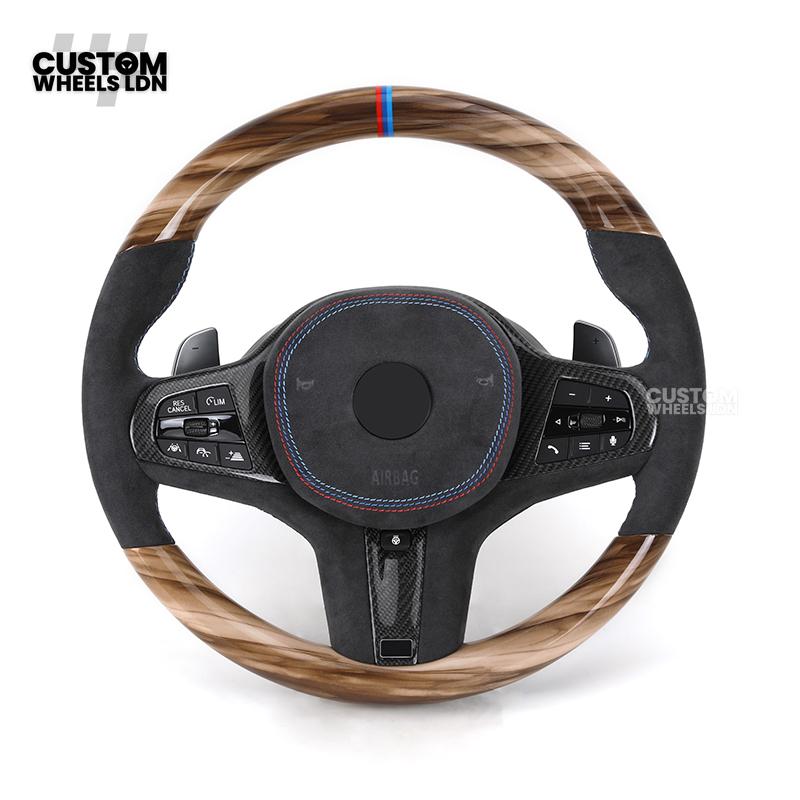 BMW Custom G-Series Steering Wheel – Gloss Wood Carbon, Flat Bottom, Alcantara Airbag – Fits G20 G21 G22 G30 G15 G05 G07 + more