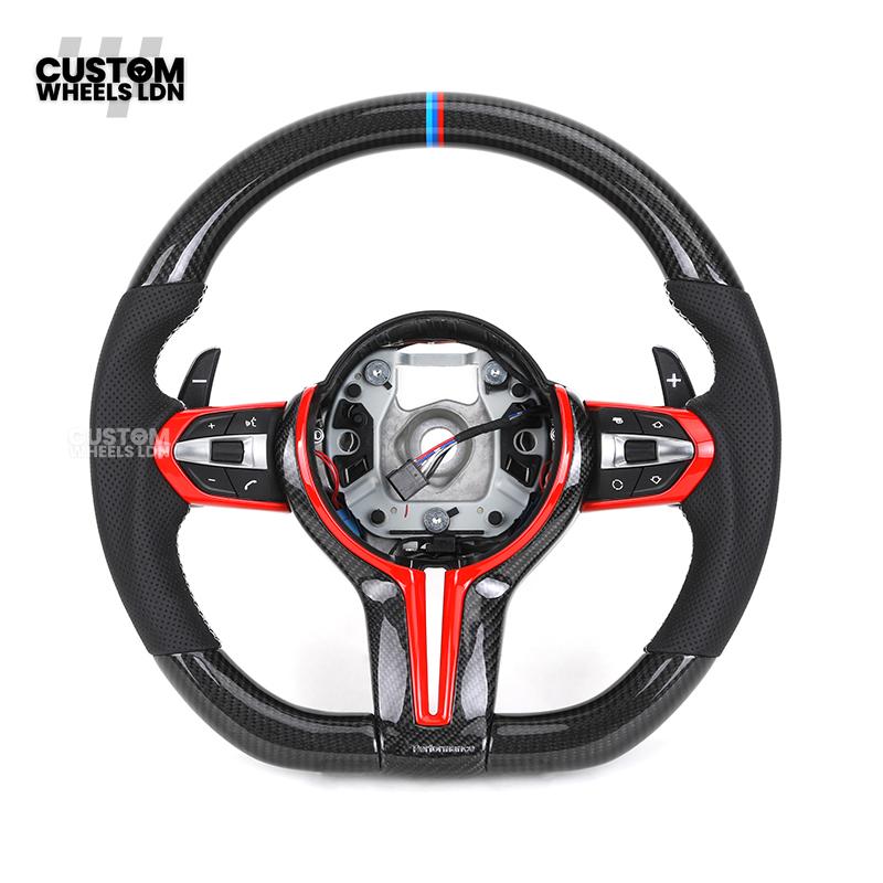 BMW Custom Carbon Fibre Steering Wheel – Red Trim | Perforated Leather | M Stripe | Plug & Play | Fits 1 Series F20, 2 Series F22, 3 Series F30, 4 Series F32, M2, M3, M4, X1 F48, X2 F39, Z4 G29 + more