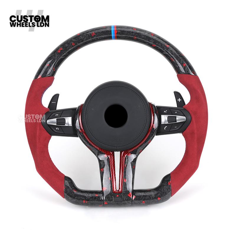 BMW Custom Forged Carbon Steering Wheel with Red Alcantara Grip & M Sport Stripe | Plug & Play Complete Wheel | Fits BMW F20 F21 F22 F23 F30 F31 F32 F33 F36 F80 F87 E82 E88 E90 E92 E93 + more