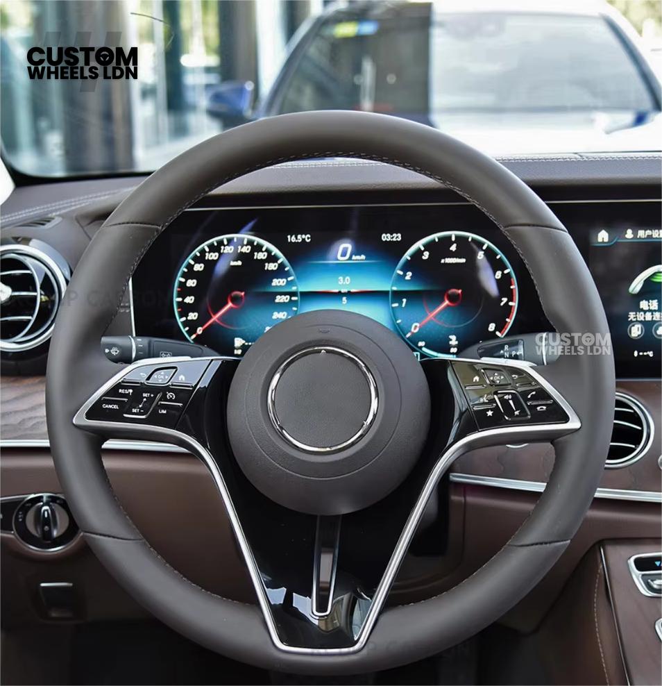 Mercedes Custom W223 Flat Bottom Steering Wheel – Smooth Black Leather, Gloss Black Trim, Touch Control Buttons | Fits S-Class W223, GLE, GLS, E-Class W213 Facelift + more | Plug & Play | With Airbag | Retrofit Upgrade for Older Models Available