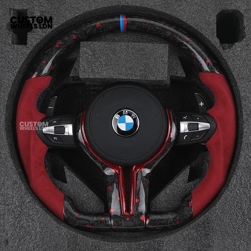 BMW Custom Forged Carbon Steering Wheel with Red Alcantara Grip & M Sport Stripe | Plug & Play Complete Wheel | Fits BMW F20 F21 F22 F23 F30 F31 F32 F33 F36 F80 F87 E82 E88 E90 E92 E93 + more