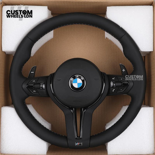 BMW Custom Steering Wheel – Smooth Black Leather with M Badge, M Stitching & Gloss Black Trim | Fits F20 F21 F22 F30 F31 F32 F36 F10 F11 F06 F12 F13 X1 X3 X4 X5 X6 + More