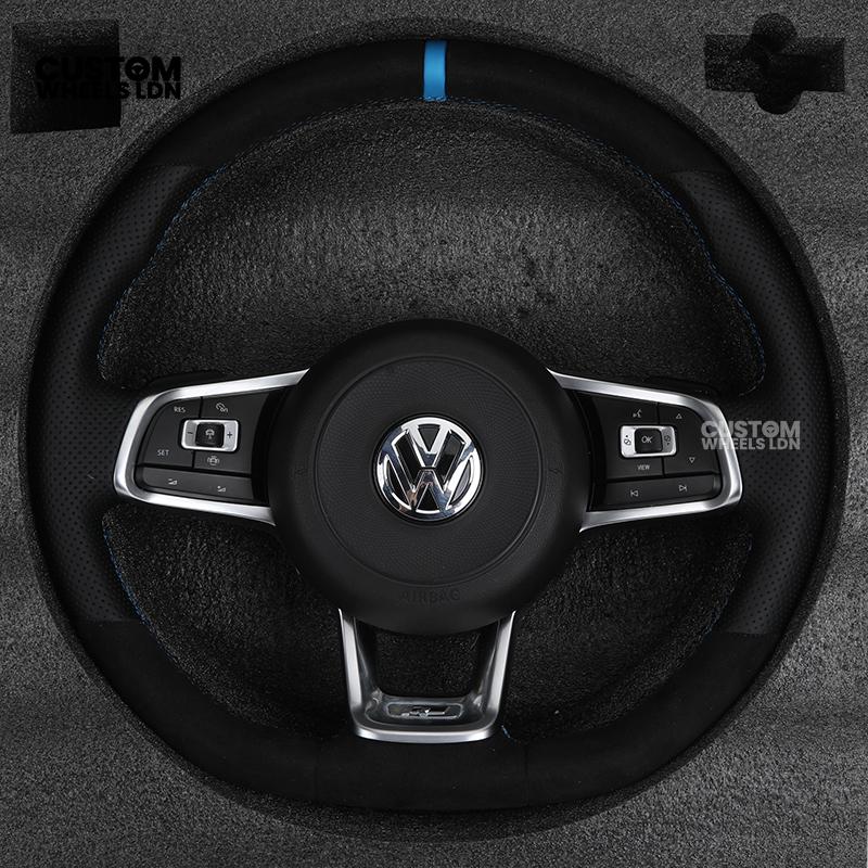 Volkswagen Custom Steering Wheel – Alcantara Top & Bottom, Perforated Leather Grips, Blue Racing Stripe | Fits Golf MK7/7.5, GTI, R, Polo + more | Plug & Play Upgrade