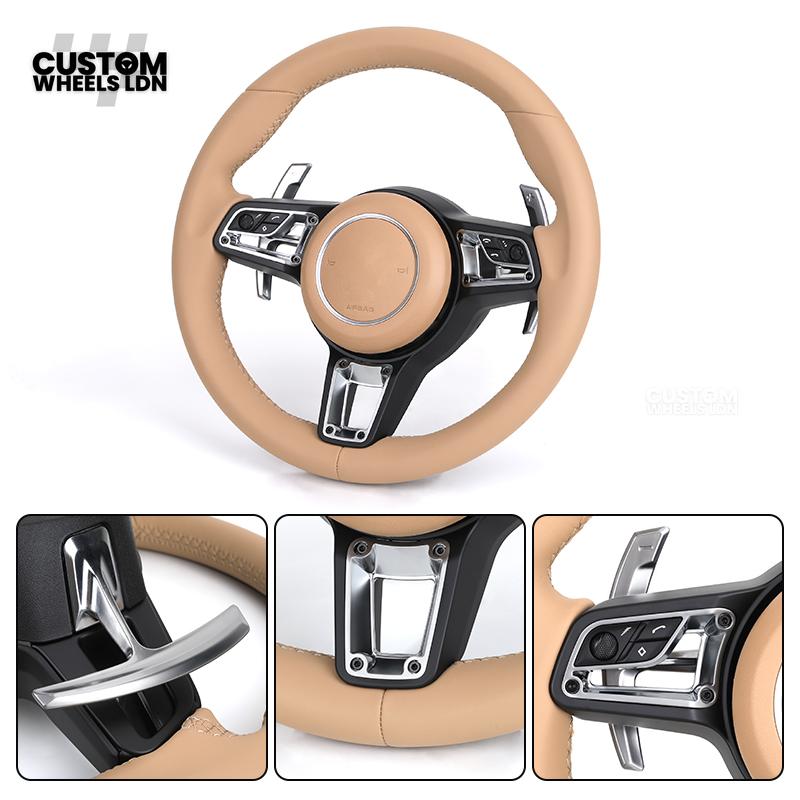Porsche Custom Steering Wheel – Beige Leather with Chrome Trim | Fits 997, 991, Panamera, Cayenne (2000+ Plug & Play)