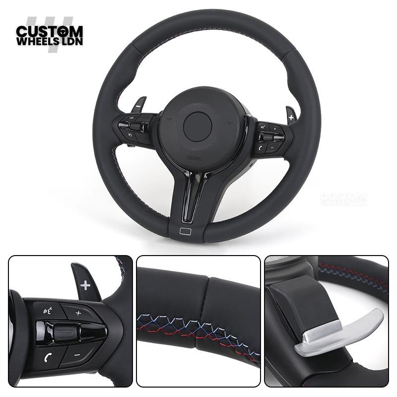 BMW Custom Steering Wheel – Smooth Black Leather with M Badge, M Stitching & Gloss Black Trim | Fits F20 F21 F22 F30 F31 F32 F36 F10 F11 F06 F12 F13 X1 X3 X4 X5 X6 + More