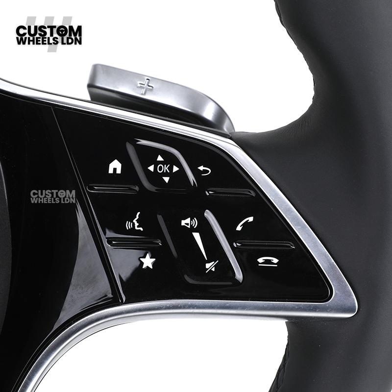 Mercedes Custom W223 Flat Bottom Steering Wheel – Smooth Black Leather, Gloss Black Trim, Touch Control Buttons | Fits S-Class W223, GLE, GLS, E-Class W213 Facelift + more | Plug & Play | With Airbag | Retrofit Upgrade for Older Models Available