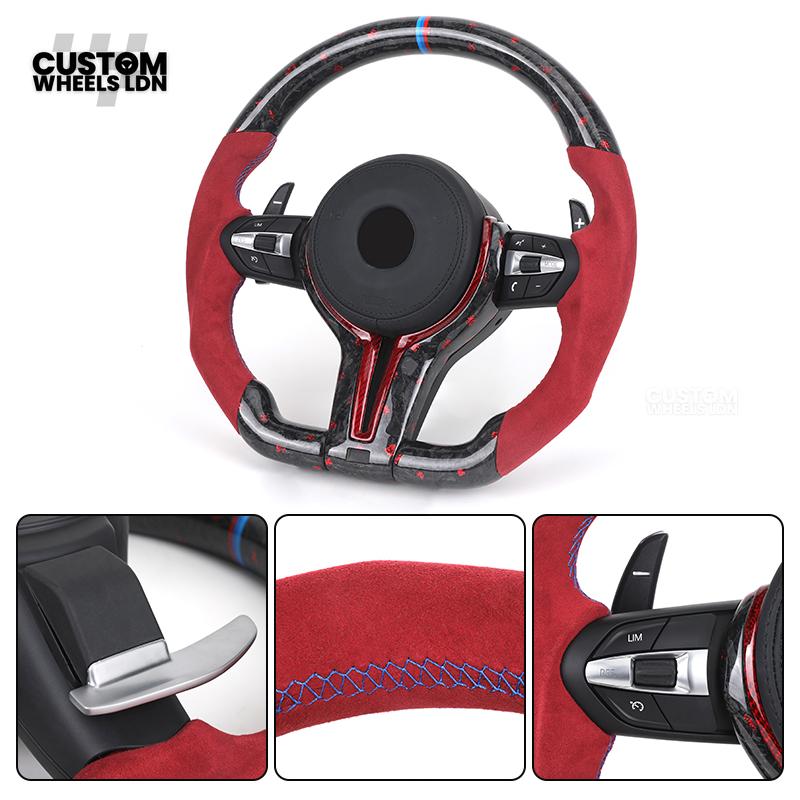 BMW Custom Forged Carbon Steering Wheel with Red Alcantara Grip & M Sport Stripe | Plug & Play Complete Wheel | Fits BMW F20 F21 F22 F23 F30 F31 F32 F33 F36 F80 F87 E82 E88 E90 E92 E93 + more