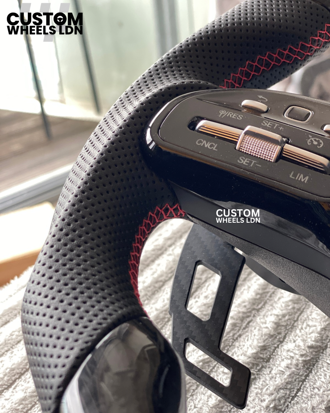 Mercedes Custom AMG Flat Bottom Steering Wheel – Forged Carbon & Black Leather, Red Stitching, LED Display, Touch Buttons, AMG Badge, Carbon Paddles | Fits C-Class, E-Class, CLS, GLC, GLE, G-Class + more | Plug & Play | Retrofit Upgrade for Older Models