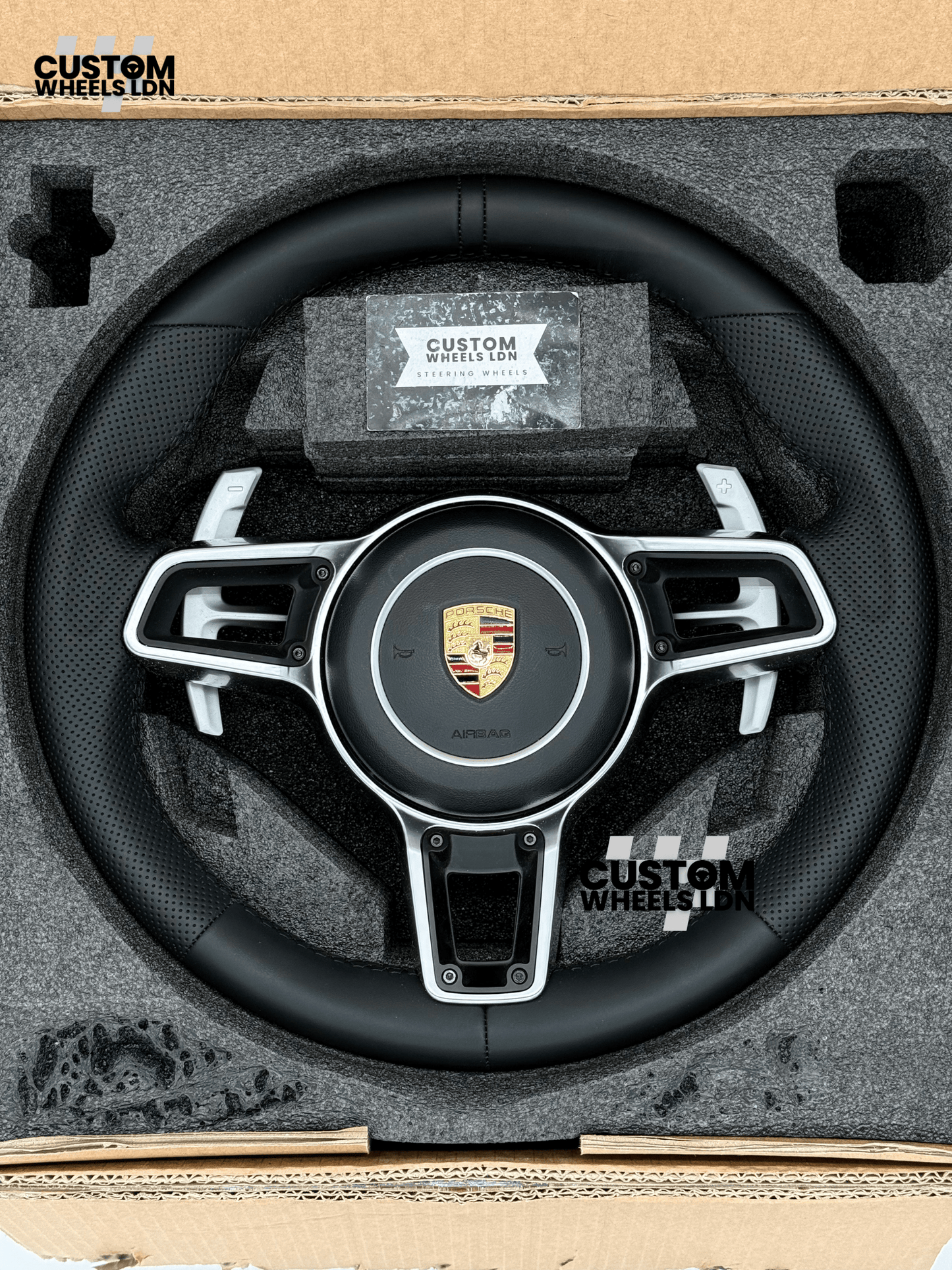 Porsche Custom OEM Steering Wheel – Smooth & Perforated Leather, Silver Trims, OEM Paddles | Fits 991, 997, 987, Cayman, Boxster, Macan, Cayenne + more | Plug & Play | With Airbag | Upgrade for Older Models Available