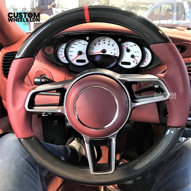 Porsche Custom Steering Wheel – Red Leather & Carbon Fibre with Chrome Trim | Fits 997, 991, Panamera, Cayenne, Cayman (2000+ Plug & Play)