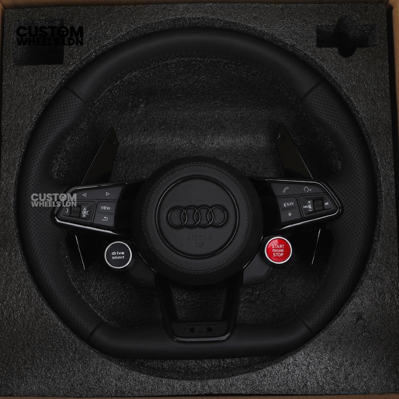 Audi Custom R8-Style Flat Bottom Steering Wheel – Black Leather, Black Stitching, Gloss Black Paddles, Start Button | Fits A4, A5, S5, A6, A7, S6, S7, Q5, SQ5 + more | Plug & Play | With Airbag | Upgrade for Older Models Available
