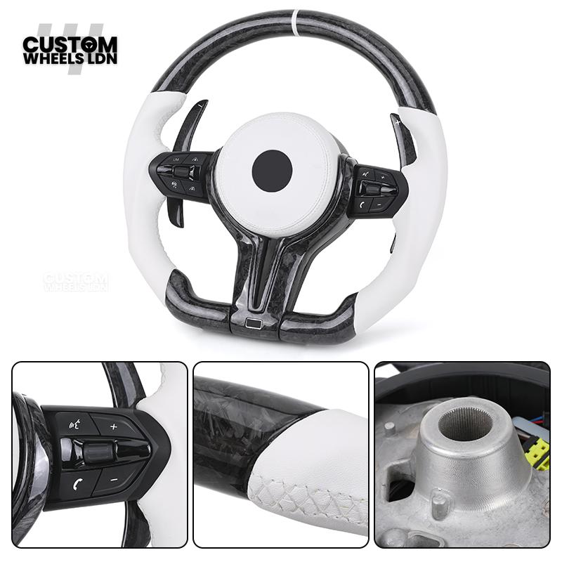 BMW Forged Carbon & White Leather Steering Wheel | Paddle Shifters | M Badge | Flat Bottom | Fits 1 2 3 4 5 Series (F & E Series) + more | Complete Plug & Play