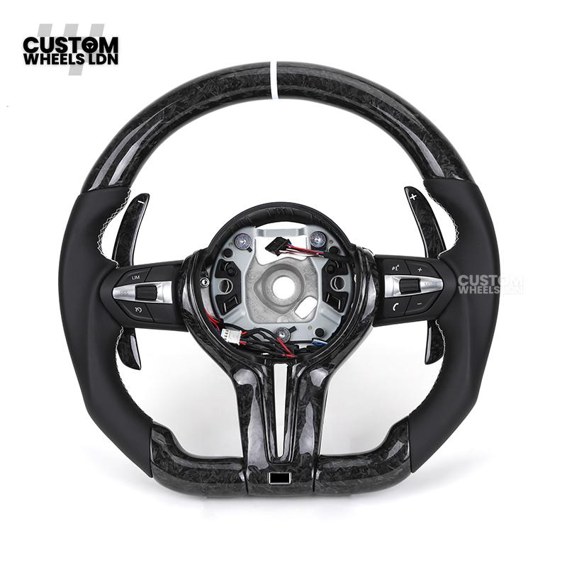 BMW Custom Forged Carbon Steering Wheel with Perforated Leather & White Racing Stripe | Plug & Play | Complete Wheel | Fits F20 F21 F22 F23 F30 F31 F32 F33 F36 F80 F87 E82 E88 E90 E92 E93 + More