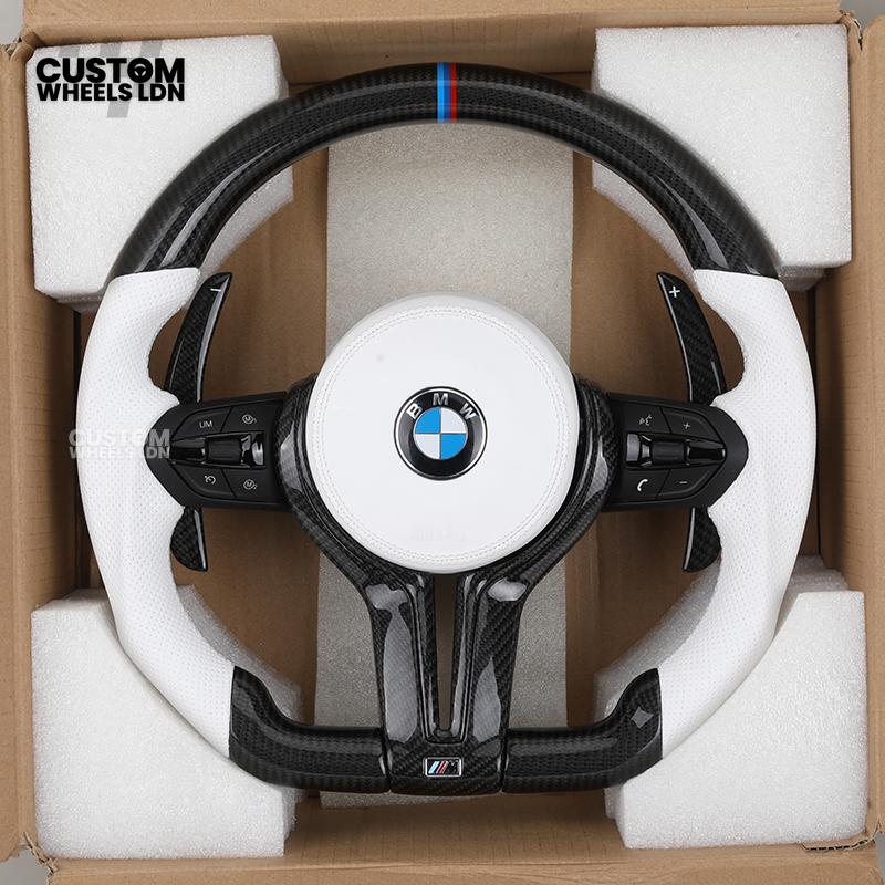 BMW Custom Carbon Fibre Steering Wheel – White Perforated Leather | M-Stripe Marker | Plug & Play | Fits older models