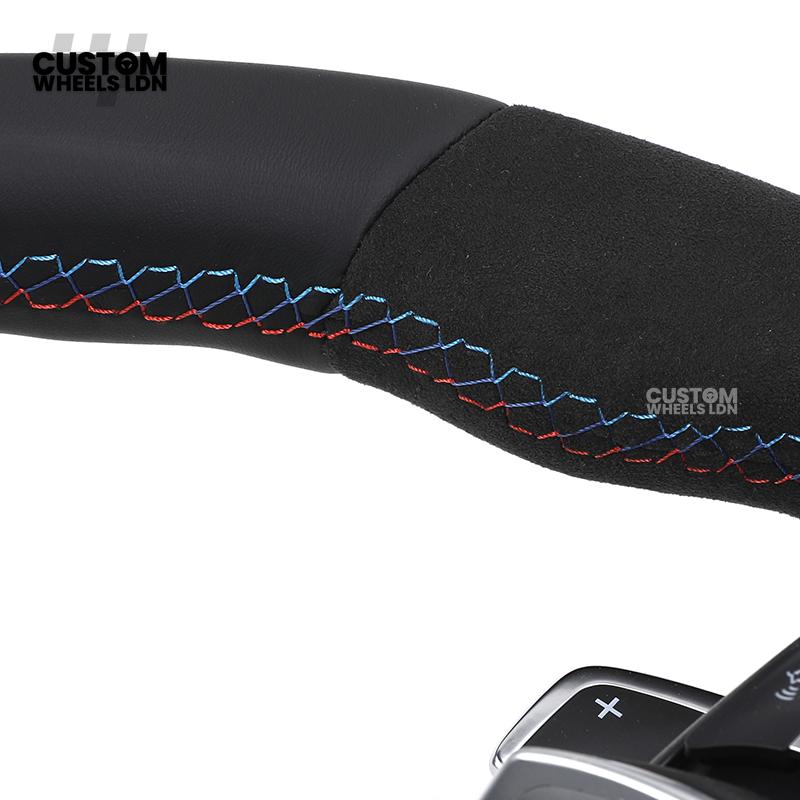 BMW Custom Flat Bottom Steering Wheel – Smooth Leather & Alcantara with Blue Center Stripe | Fits F20 F22 F30 F32 F36 F10 F06 F13 X1 X3 X4 X5 X6 + More