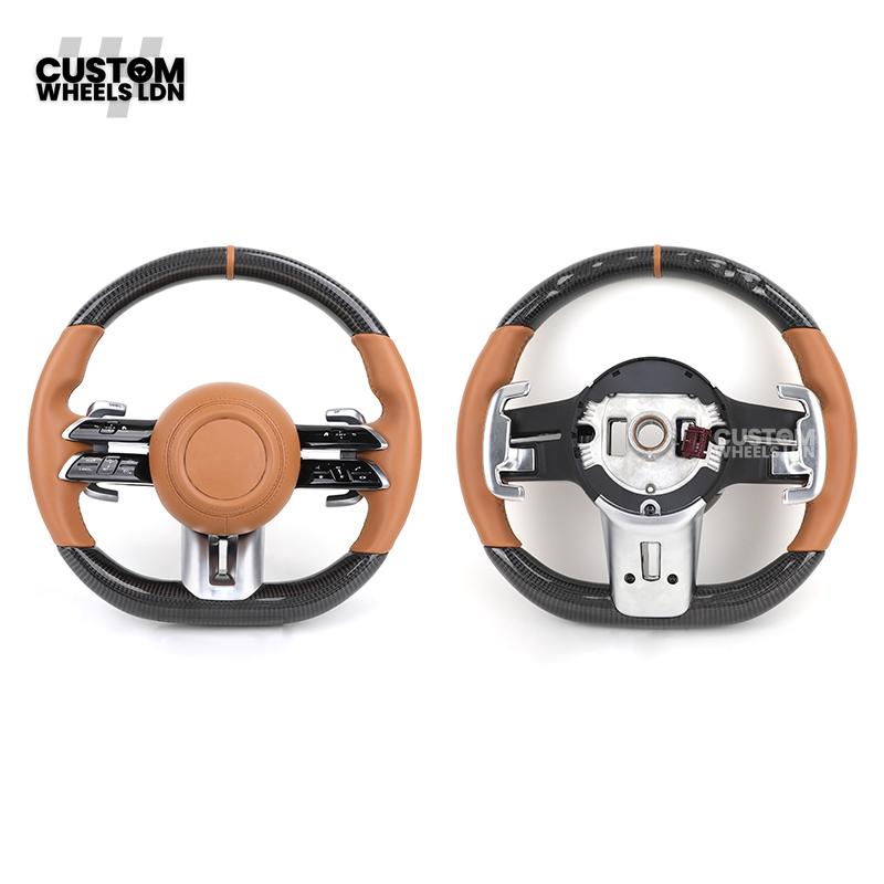 Mercedes Custom AMG Flat Bottom Steering Wheel – Brown Leather & Carbon Fibre, Tan Centre Stripe, Gloss Black Trim, Touch Control Buttons, Silver Paddles | Fits C-Class, E-Class, CLS, GLC, GLE, G-Class + more | Plug & Play | With Airbag | Retrofit Upgrade