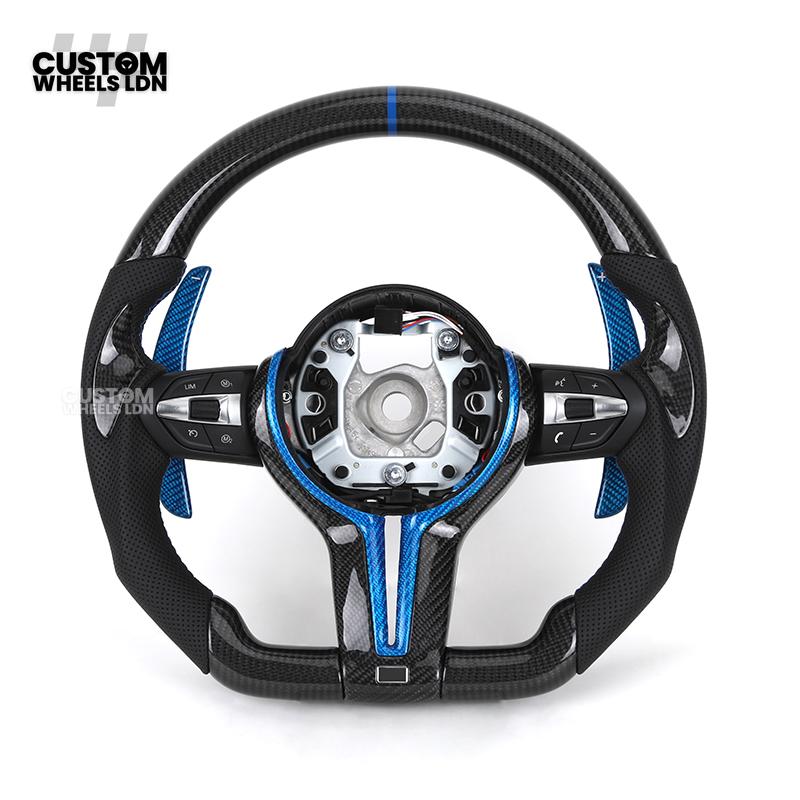 BMW Custom Carbon Fibre Steering Wheel – Blue Trim & Paddles | M Performance | Perforated Leather | Plug & Play | Fits F20, F22, F30, F32, F36, M2, M3, M4, X1, X2 + more