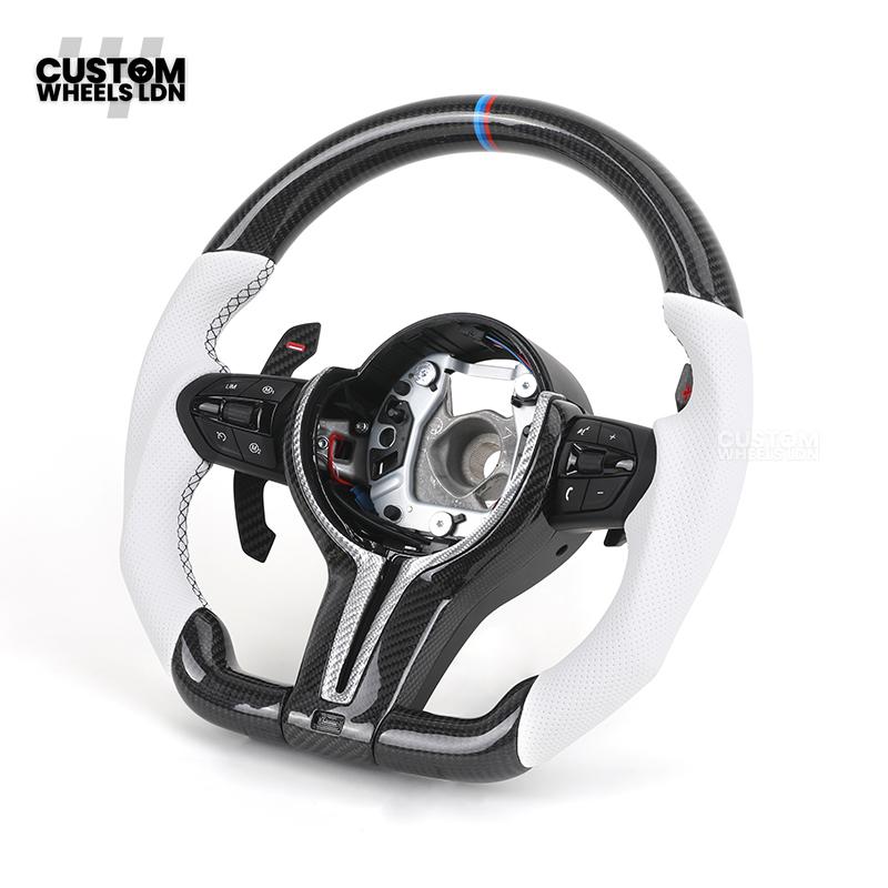 BMW Custom Carbon Fibre Steering Wheel – White Perforated Leather | M-Stripe Marker, Magnetic Paddle Shifter's | Plug & Play | Fits older models