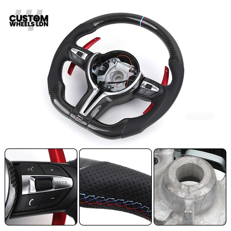 BMW Custom Carbon Fibre Steering Wheel – Red Paddles | Perforated Leather | M-Stripe Marker | Plug & Play | Fits 1 Series F20, 2 Series F22, 3 Series F30, 4 Series F32, M2, M3, M4, X1 F48, X2 F39, Z4 G29 + more