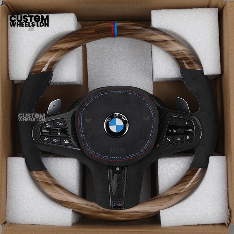BMW Custom G-Series Steering Wheel – Gloss Wood Carbon, Flat Bottom, Alcantara Airbag – Fits G20 G21 G22 G30 G15 G05 G07 + more