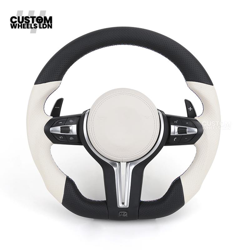 BMW Custom Flat Bottom Steering Wheel – White & Black Perforated Leather with M-Stitching | Fits F20 F22 F30 F32 F36 F10 F06 F13 X1 X3 X4 X5 X6 + More