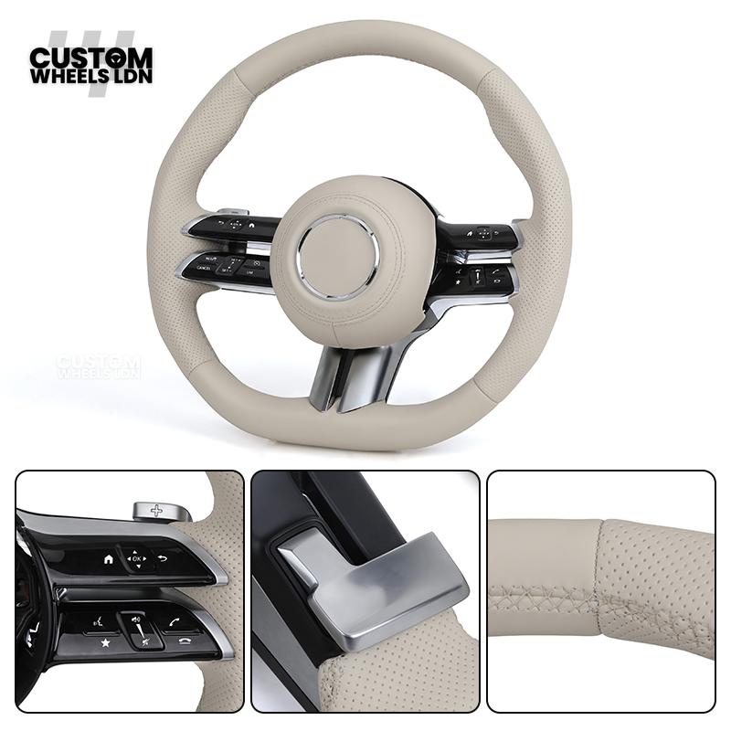 Mercedes Custom W223 Flat Bottom Steering Wheel – Beige Leather, Gloss Black Trim, Touch Control Buttons | Fits S-Class W223, GLE, GLS, E-Class W213 Facelift + more | Plug & Play | With Airbag | Retrofit Upgrade for Older Models Available