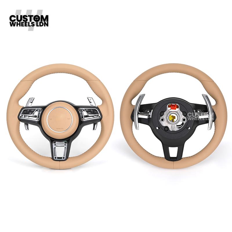 Porsche Custom Steering Wheel – Beige Leather with Chrome Trim | Fits 997, 991, Panamera, Cayenne (2000+ Plug & Play)
