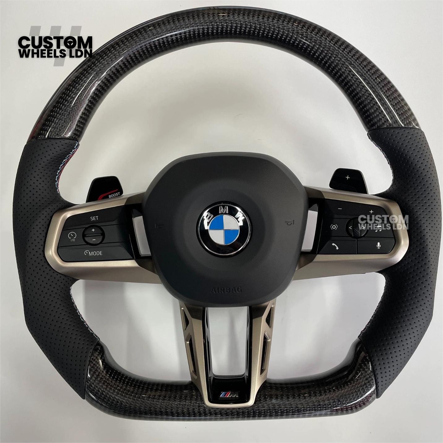 BMW Custom i5 G60 Flat Bottom Steering Wheel – Carbon Fiber, BMW M Stripe, Silver Trim, Perforated Leather Grips | Fits G20 3 Series, G22 4 Series, G30 5 Series + more | Plug & Play | Retrofit Upgrade for Older Models