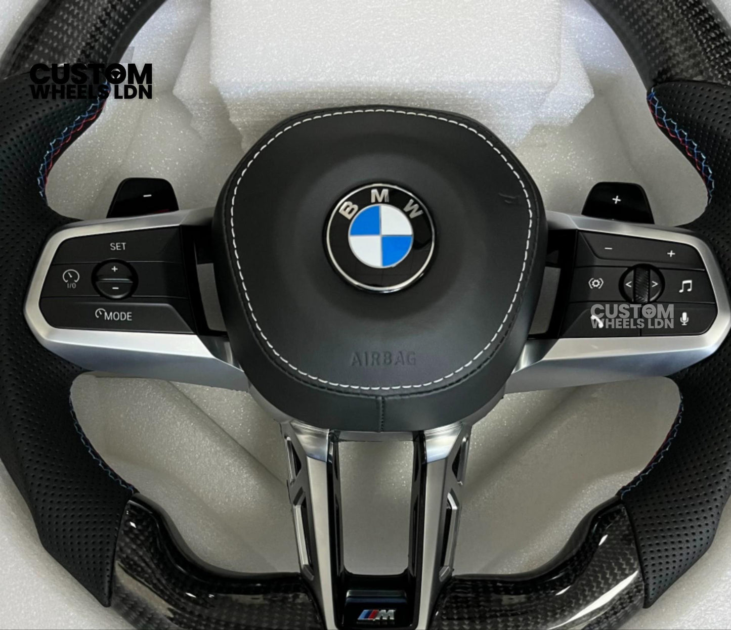 BMW Custom i5 G60 Flat Bottom Steering Wheel – Carbon Fiber, BMW M Stripe, Silver Trim, Perforated Leather Grips | Fits G20 3 Series, G22 4 Series, G30 5 Series + more | Plug & Play | Retrofit Upgrade for Older Models