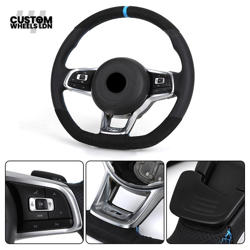 Volkswagen Custom Steering Wheel – Alcantara Top & Bottom, Perforated Leather Grips, Blue Racing Stripe | Fits Golf MK7/7.5, GTI, R, Polo + more | Plug & Play Upgrade