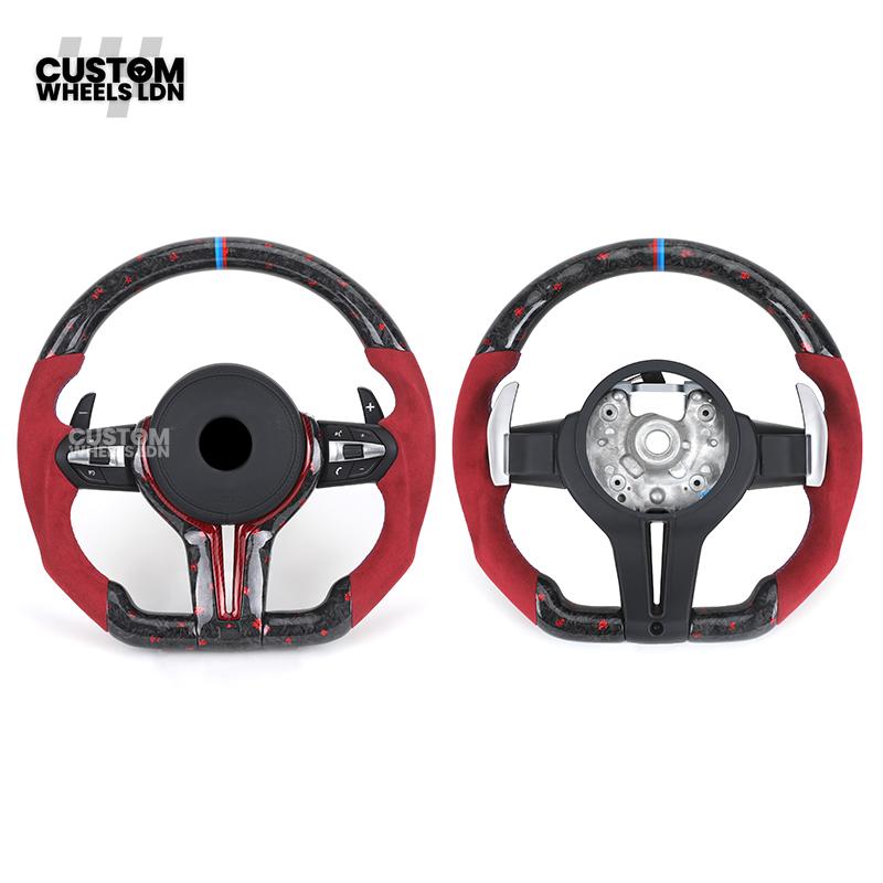 BMW Custom Forged Carbon Steering Wheel with Red Alcantara Grip & M Sport Stripe | Plug & Play Complete Wheel | Fits BMW F20 F21 F22 F23 F30 F31 F32 F33 F36 F80 F87 E82 E88 E90 E92 E93 + more