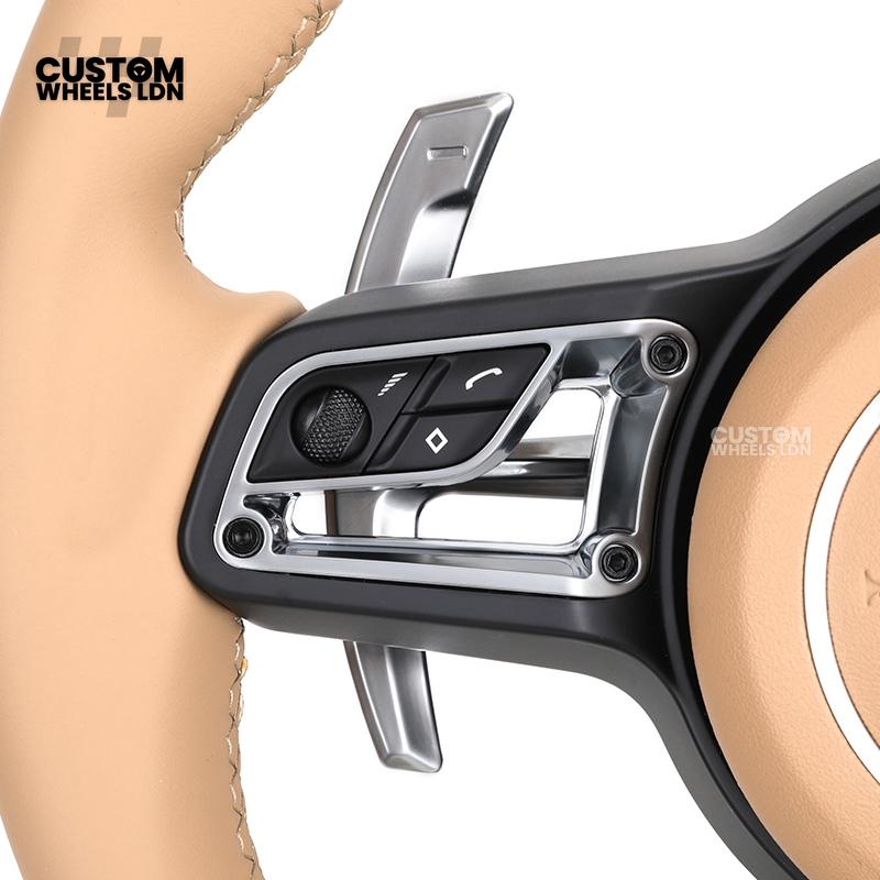 Porsche Custom Steering Wheel – Beige Leather with Chrome Trim | Fits 997, 991, Panamera, Cayenne (2000+ Plug & Play)