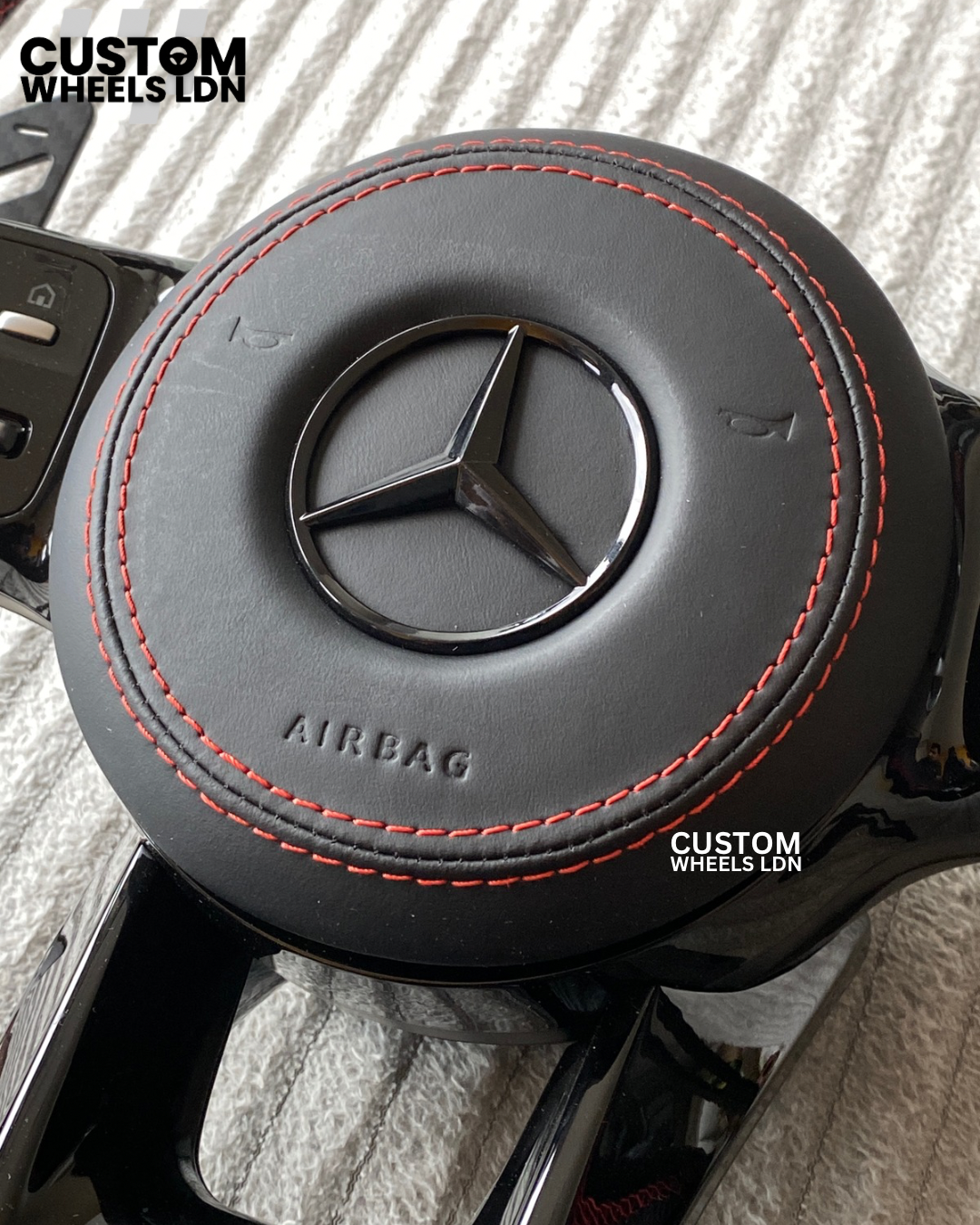 Mercedes Custom AMG Flat Bottom Steering Wheel – Forged Carbon & Black Leather, Red Stitching, LED Display, Touch Buttons, AMG Badge, Carbon Paddles | Fits C-Class, E-Class, CLS, GLC, GLE, G-Class + more | Plug & Play | Retrofit Upgrade for Older Models