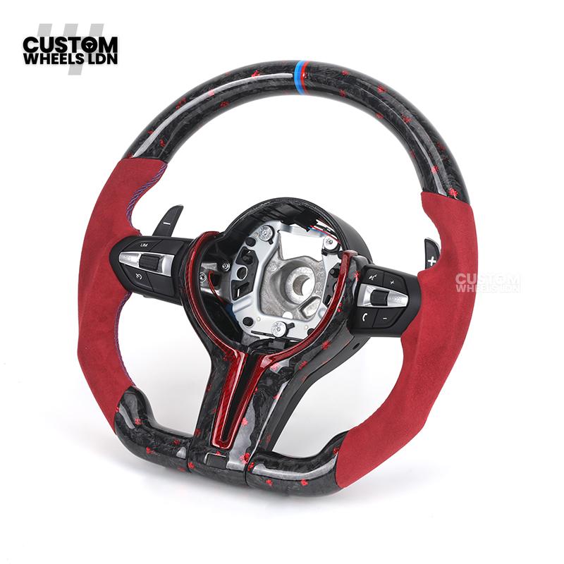 BMW Custom Forged Carbon Steering Wheel with Red Alcantara Grip & M Sport Stripe | Plug & Play Complete Wheel | Fits BMW F20 F21 F22 F23 F30 F31 F32 F33 F36 F80 F87 E82 E88 E90 E92 E93 + more