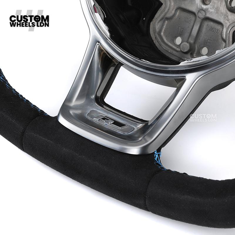 Volkswagen Custom Steering Wheel – Alcantara Top & Bottom, Perforated Leather Grips, Blue Racing Stripe | Fits Golf MK7/7.5, GTI, R, Polo + more | Plug & Play Upgrade