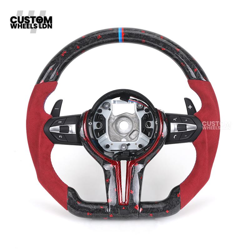 BMW Custom Forged Carbon Steering Wheel with Red Alcantara Grip & M Sport Stripe | Plug & Play Complete Wheel | Fits BMW F20 F21 F22 F23 F30 F31 F32 F33 F36 F80 F87 E82 E88 E90 E92 E93 + more