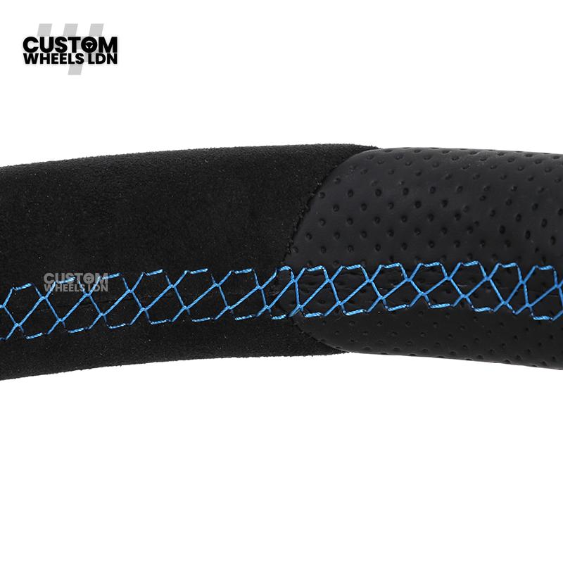 Volkswagen Custom Steering Wheel – Alcantara Top & Bottom, Perforated Leather Grips, Blue Racing Stripe | Fits Golf MK7/7.5, GTI, R, Polo + more | Plug & Play Upgrade