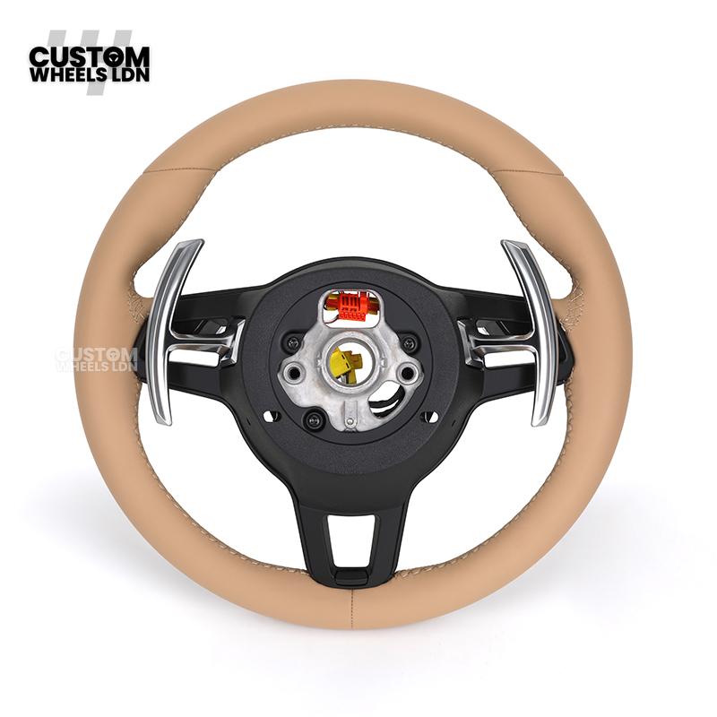 Porsche Custom Steering Wheel – Beige Leather with Chrome Trim | Fits 997, 991, Panamera, Cayenne (2000+ Plug & Play)