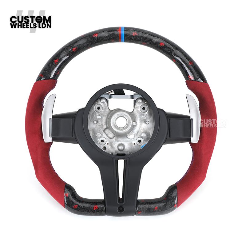 BMW Custom Forged Carbon Steering Wheel with Red Alcantara Grip & M Sport Stripe | Plug & Play Complete Wheel | Fits BMW F20 F21 F22 F23 F30 F31 F32 F33 F36 F80 F87 E82 E88 E90 E92 E93 + more