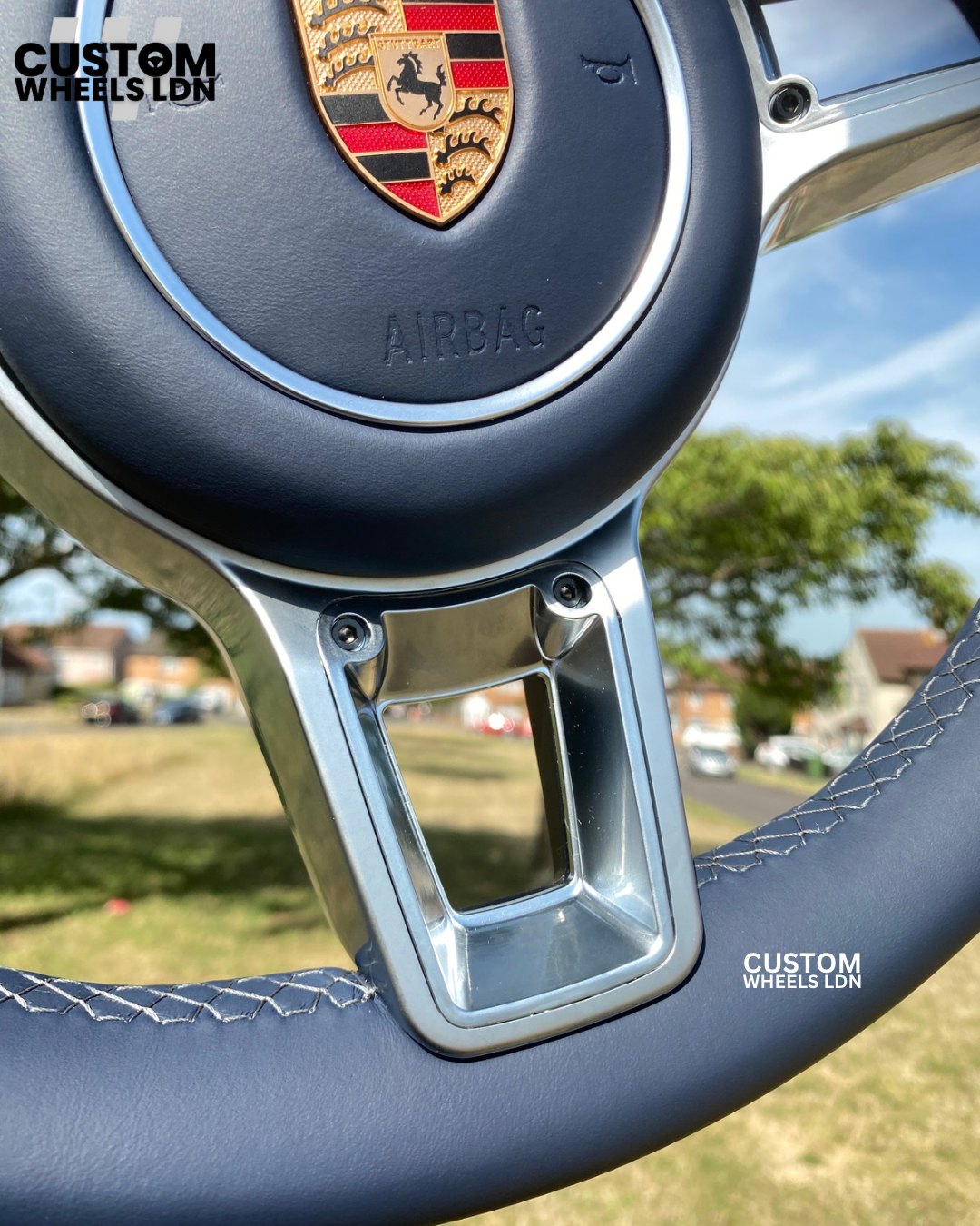 Porsche Custom Steering Wheel – Navy Leather with Chrome Trim + Long Silver Paddles (Fits 2000+ | Tiptronic / PDK)