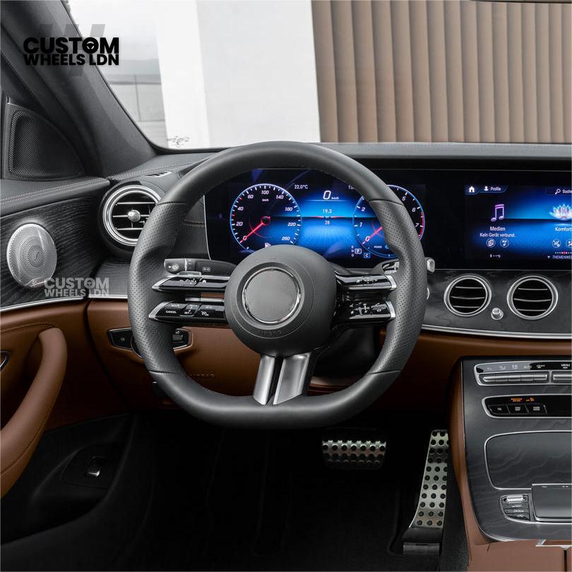 Mercedes Custom W223 Flat Bottom Steering Wheel – Black Leather, Tan Stitching, Silver Trim, Touch Control Buttons | Fits S-Class W223, GLE, GLS, E-Class W213 Facelift + more | Plug & Play | With Airbag | Retrofit Upgrade for Older Models Available