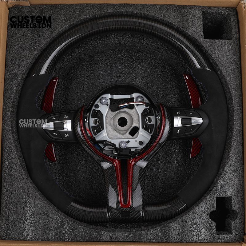 BMW Custom Carbon Fibre Steering Wheel – Red Paddle Set | Alcantara Sides | Track Style | Plug & Play | Fits F20, F22, F30, F32, F36, M2, M3, M4 + more