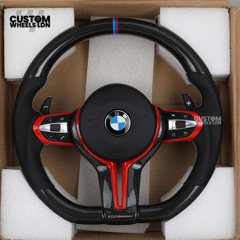BMW Custom Carbon Fibre Steering Wheel – Red Trim | Perforated Leather | M Stripe | Plug & Play | Fits 1 Series F20, 2 Series F22, 3 Series F30, 4 Series F32, M2, M3, M4, X1 F48, X2 F39, Z4 G29 + more