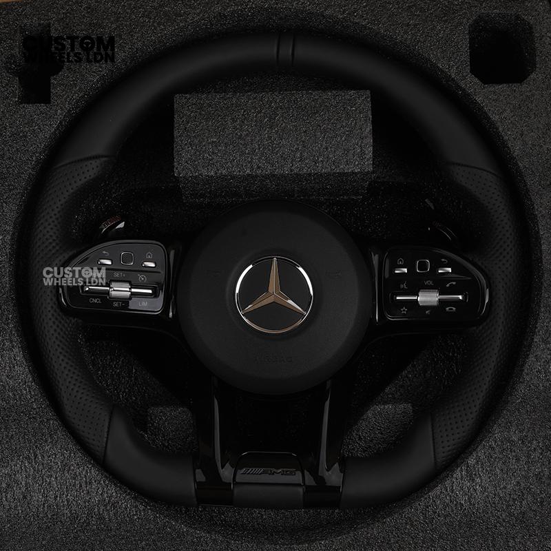 Mercedes Custom AMG Flat Bottom Steering Wheel – Black Leather, Smooth Top & Bottom, Piano Black Trim, Touch Control Buttons, AMG Badge | Fits C-Class, E-Class, CLS, GLC, GLE, G-Class + more | Plug & Play | Retrofit Upgrade for Older Models