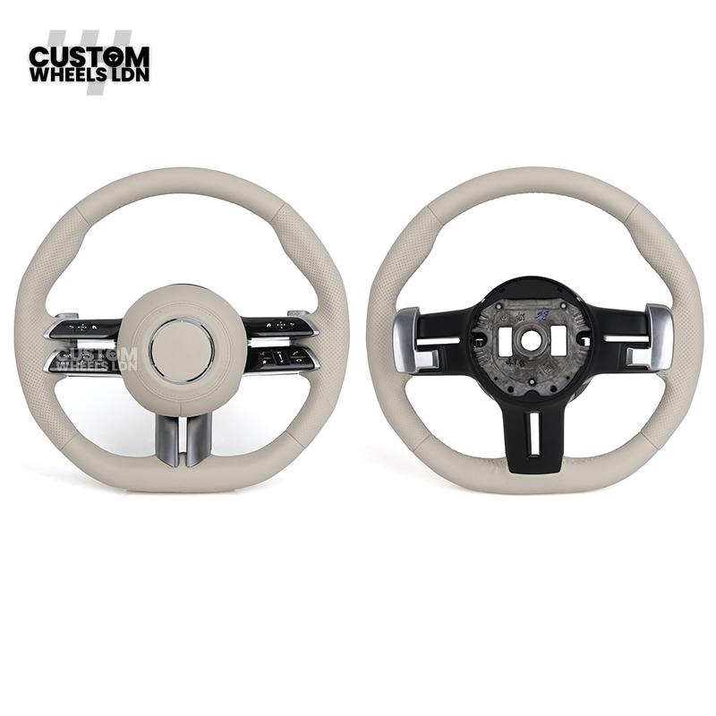 Mercedes Custom W223 Flat Bottom Steering Wheel – Beige Leather, Gloss Black Trim, Touch Control Buttons | Fits S-Class W223, GLE, GLS, E-Class W213 Facelift + more | Plug & Play | With Airbag | Retrofit Upgrade for Older Models Available