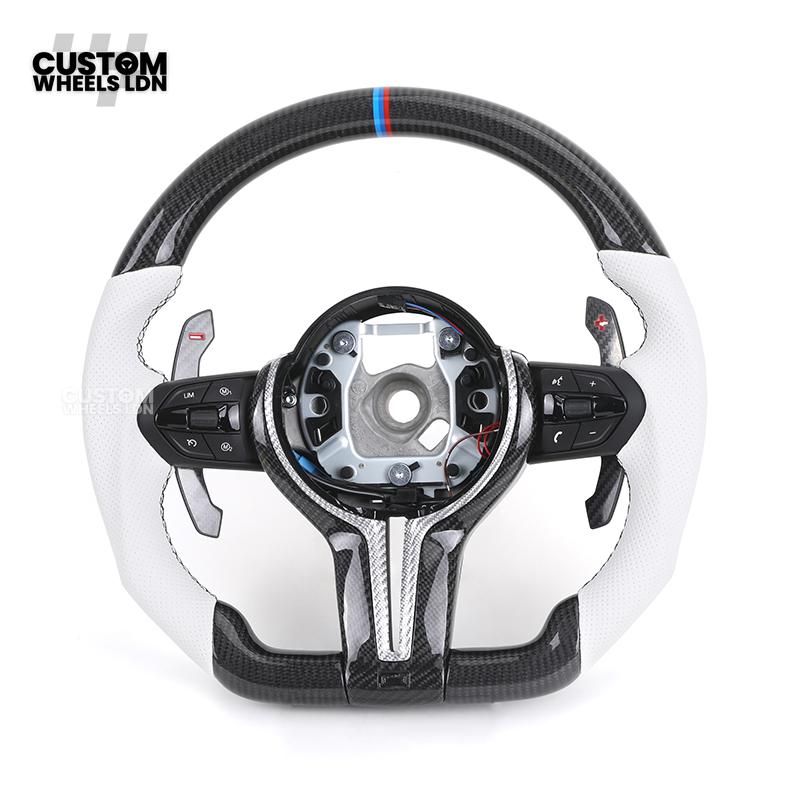BMW Custom Carbon Fibre Steering Wheel – White Perforated Leather | M-Stripe Marker, Magnetic Paddle Shifter's | Plug & Play | Fits older models